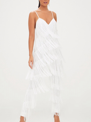 White Tassel Plunge Jumpsuit