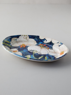 Blue Lily Ceramic Platter, Oval