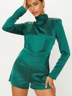 Emerald Green Draped Neck Shoulder Pad Playsuit