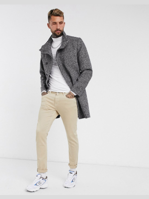Asos Design Wool Mix Overcoat With Funnel Neck In Salt And Pepper