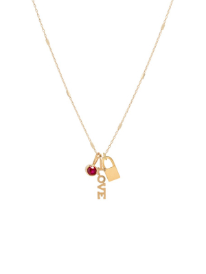 14k Gold Love Charm Necklace With Padlock And Ruby