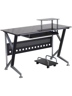 Cecil Black Office Desk With Pull-out Tray And Cart