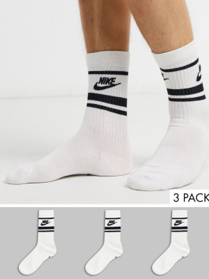 Nike Essential Stripe 3 Pack Socks In White With Black Logo