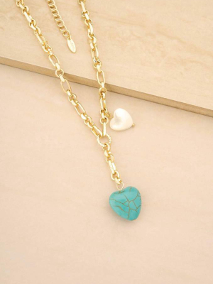 Turquoise And Pearl Heart 18k Gold Plated Linked Chain Lariat