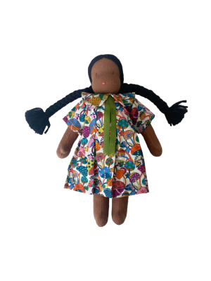 9" Waldorf Doll In Liberty Multicolored Mushroom Dress · Black