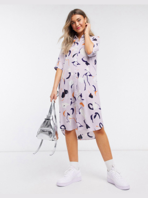 Monki Damira Art Print Midi Shirt Dress In Pink