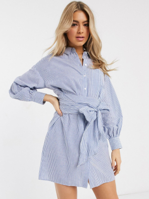 Asos Design Oversized Mini Shirt Dress With Wrap Around Belt In Stripe
