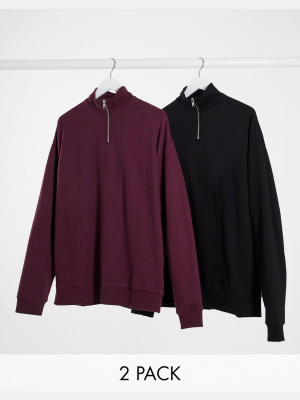 Asos Design Oversized Half Zip Sweatshirt With Half Zip 2 Pack In Black/burgundy