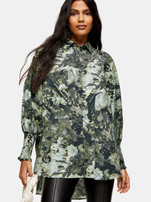 Green Print Shirred Oversized Shirt