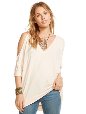 Love Knit 3/4 Sleeve V-neck Cold Shoulder Hi-lo Dolman