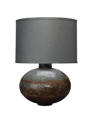 Caisson Table Lamp In Gun Metal With Classic Drum Shade In Fatigue Linen