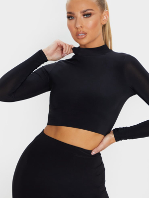 Rio Black Slinky High Neck Long Sleeve Crop Top