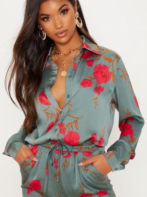 Green Floral Print Oversized Shirt