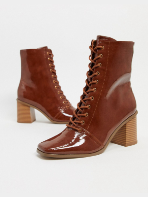 Asos Design Rylee Square Toe Lace Up Boots In Tan Patent