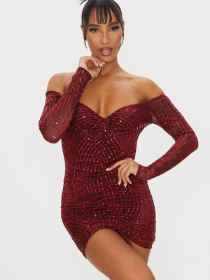 Burgundy Glitter Mesh Ruched Bardot Bodycon Dress