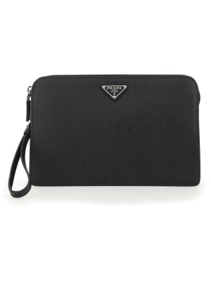 Prada Saffiano Logo Plaque Clutch Bag