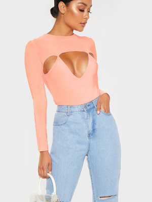 Peach Slinky Cut Out Long Sleeve Thong Bodysuit