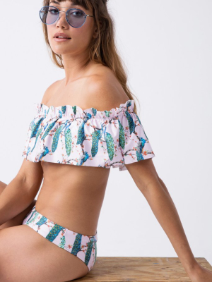 San Luis Ruffle Off The Shoulder Bikini Top - Pink Peacocks Print