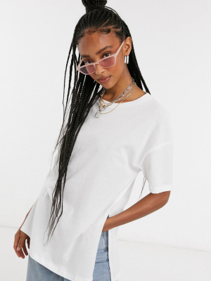 Asos Design Textured Longline T-shirt With Side Splits In White