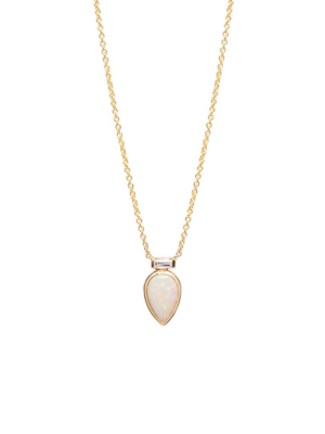 14k Single Opal Tear & Baguette Diamond Necklace