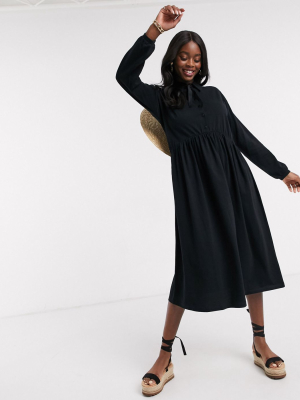 Asos Design Midi Shirt Smock Dress With Tiering And Puff Sleeve In Black