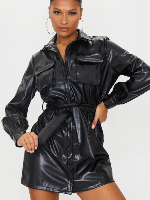 Black Faux Leather Pocket Detail Shirt Dress