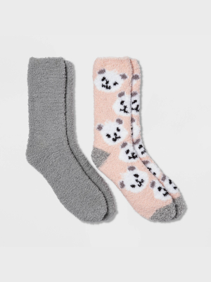 Women's Bear 2pk Cozy Crew Socks - Pink/gray 4-10