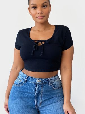 Plus Black Cotton Tie Front Short Sleeve Crop Top