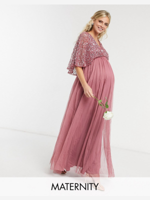 Maya Maternity Bridesmaid Cape Detail Wrap Maxi Dress In Delicate Sequin With Tulle Skirt In Rose