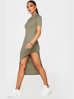 Khaki Rib High Neck Asymmetric Hem Midi Dress