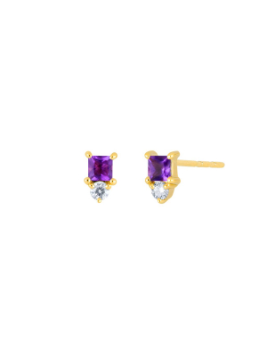 Mini Amethyst Birthstone Studs - Yellow Gold