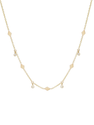 14k Itty Bitty Diamond Shape & Dangling Diamond Station Necklace