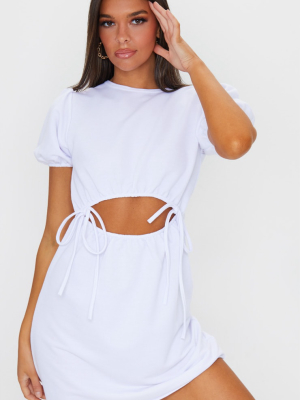 White Puff Sleeve Cut Out Tie Sweat Sweater Dress