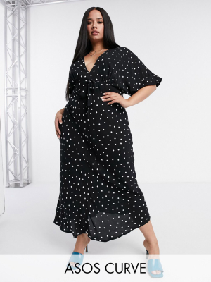 Asos Design Curve Tie Front Midi Tea Dress In Mono Spot