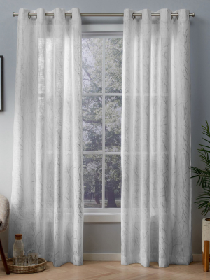 Exclusive Home Woodland Printed Metallic Branch Textured Linen Sheer Grommet Top Window Curtain Panel Pair