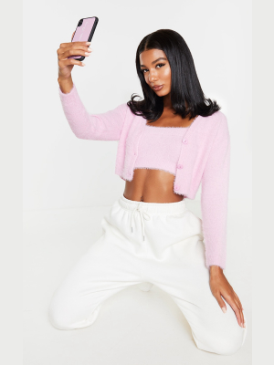 Pink Eyelash Knit Cropped Cardigan