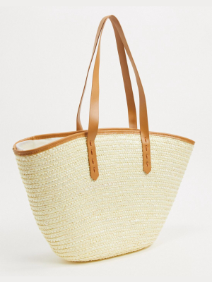 My Accessories London Straw Tote Bag In Natural With Contrast Faux Leather Handle