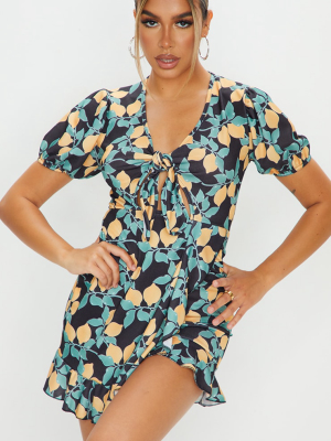 Black Lemon Print Tie Front Frill Tea Dress