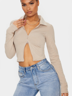 Sand Jumbo Rib Collar Double Zip Top