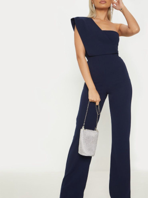 Petite Navy Drape One Shoulder Jumpsuit