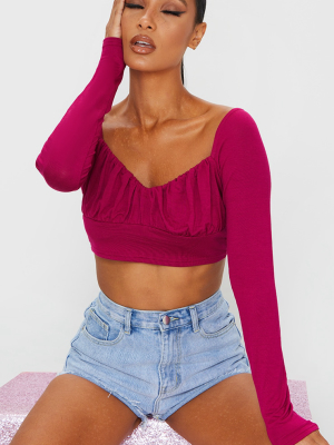 Pink Jersey Long Sleeve Ruched Crop Top