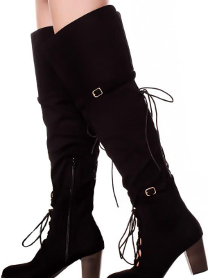 Kendall Black Dual Lace Up Dual Strap Over The Knee Boot