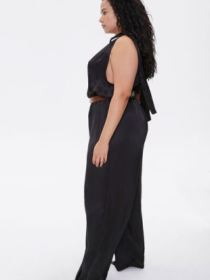 Plus Size Belted Satin Surplice Jumpsuit