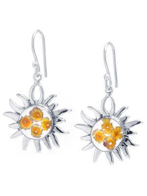 Women's Sterling Silver Pressed Flowers Sun Drop Earrings