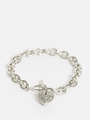 Asos Design T-bar Chain Bracelet With Rhinestone Heart Charm In Silver Tone