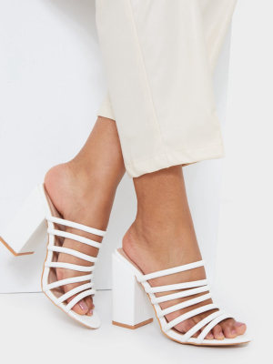 White Block Heel Multi Tube Strap Mules