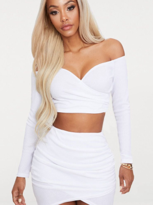 Shape White Wrap Bardot Ribbed Crop Top