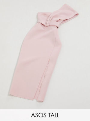 Asos Design Tall Exclusive One Shoulder Belted Scuba Midi Pencil Dress In Rose