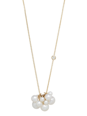 14k Long Clustered Pearl And Floating Diamond Necklace