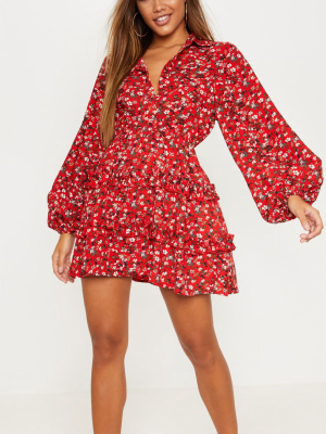 Red Floral Printed Frill Skater Shirt Dress